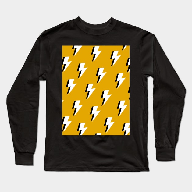 White Lightning Bolts on Mustard Yellow Long Sleeve T-Shirt by OneThreeSix